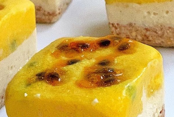 Close up of Lemon Passionfruit Cheesecake squares
