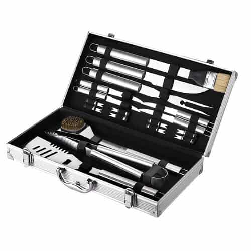 Included in the durable aluminium case is everything needed to cook up a feast; including a BBQ Turner, BBQ Fork, Heavy-Duty Tongs, BBQ Cleaning Brush, Knife, Basting Brush, Set of 4 Steak Knives and Set of 8 Corn Hob holders. All utensils are made to last from quality stainless steel.